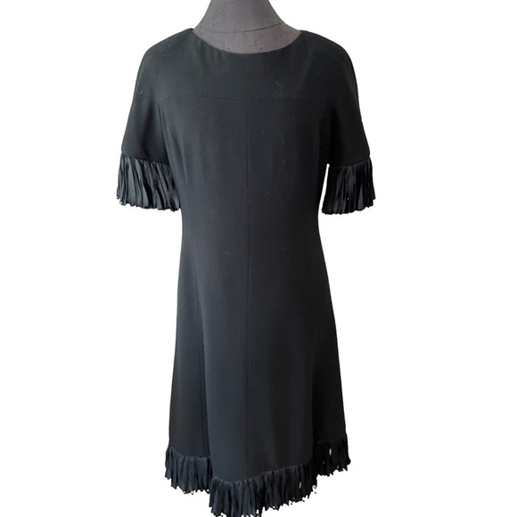 Jean Louis Black Vintage Wool Crepe Dress Fringed Trim Size 12 Medium RARE - Picture 1 of 12